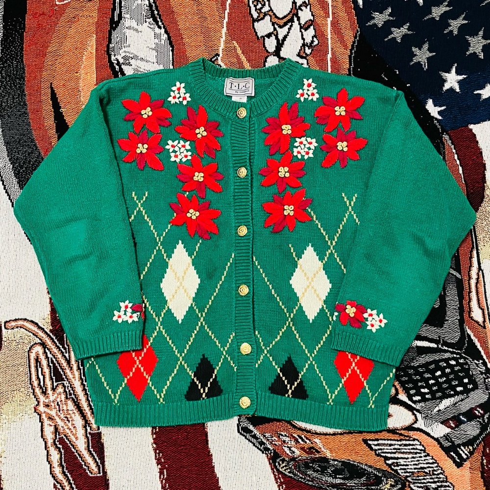 Vintage TLC by Lambert Women’s Holiday Poinsettia Thick Knit Cardigan (M)